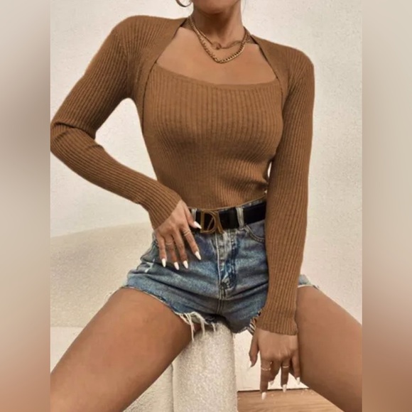 Various Tops - New Women’s Dark Brown Coffee Bolero Style Square Neck Sweater Sz S